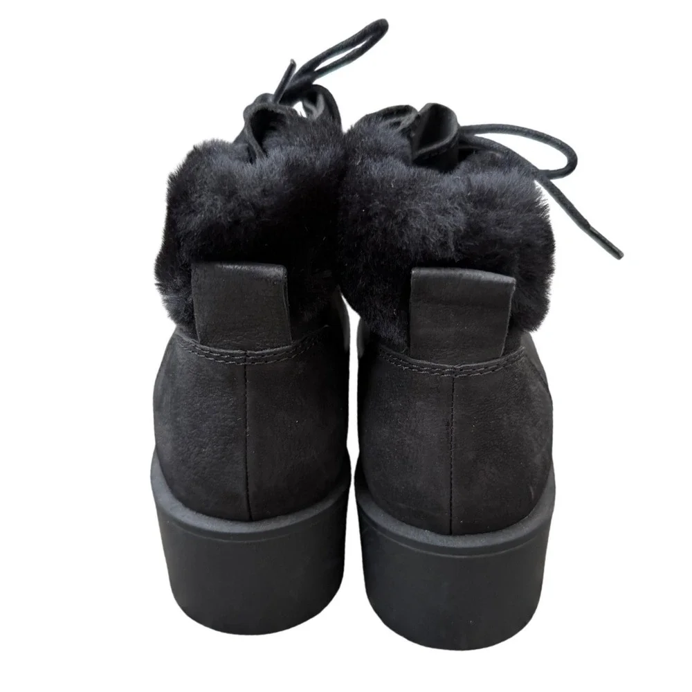 Eileen Fisher Black Nubuck Sheared Lamb Fur Trim Sawtooth Platform Boots 5.5 NEW